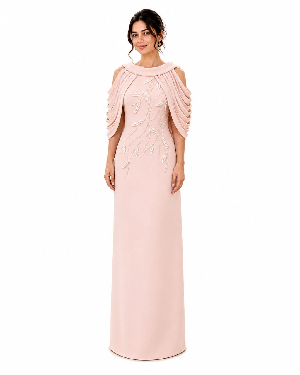 Blush Draped Shoulder Embellished Evening Gown - Paria Masumi