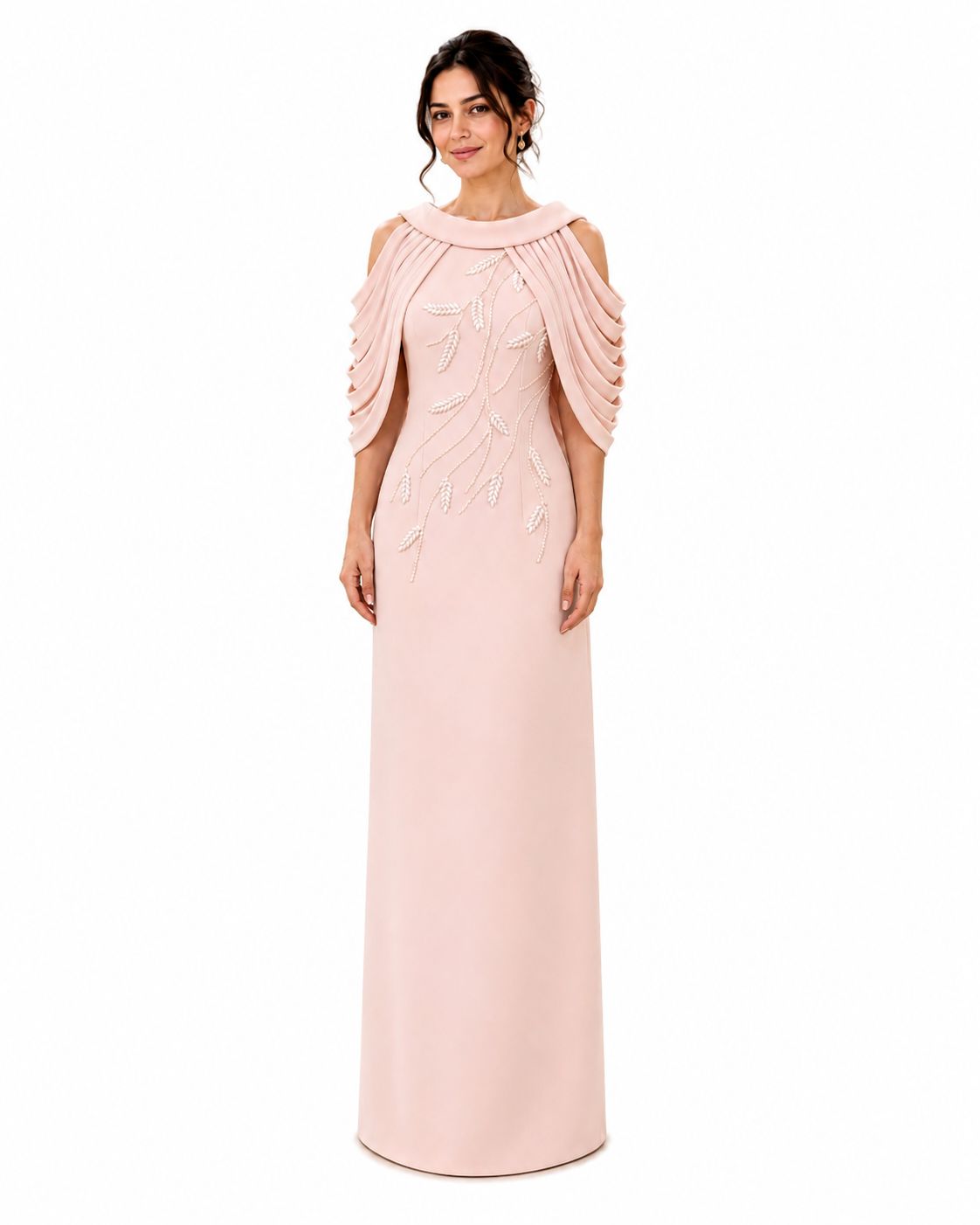 Blush Draped Shoulder Embellished Evening Gown - Paria Masumi