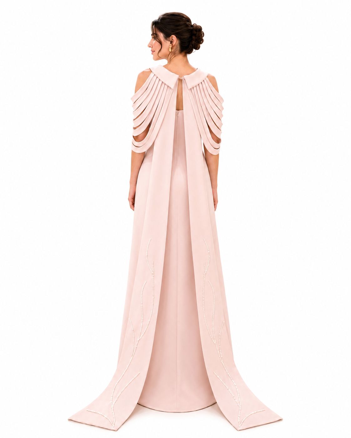 Blush Draped Shoulder Embellished Evening Gown - Paria Masumi
