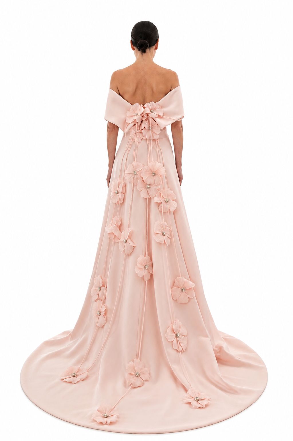 Blush Pink 3D Floral Off-Shoulder Evening Gown - Paria Masumi