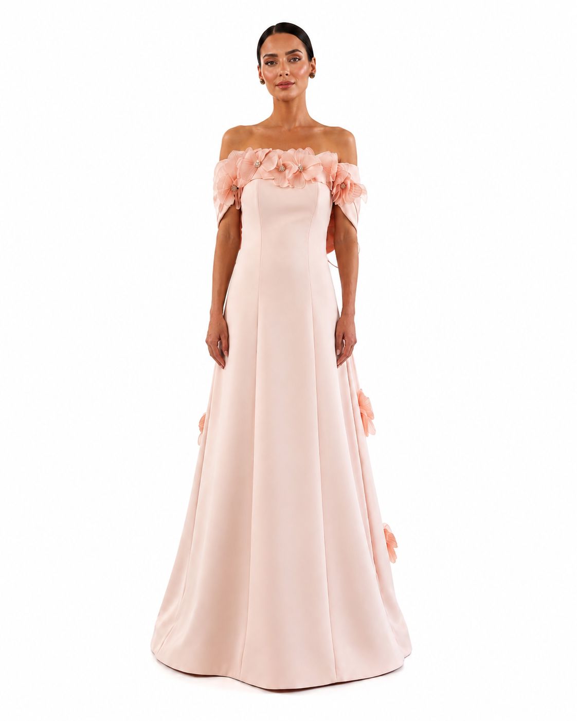 Blush Pink 3D Floral Off-Shoulder Evening Gown - Paria Masumi