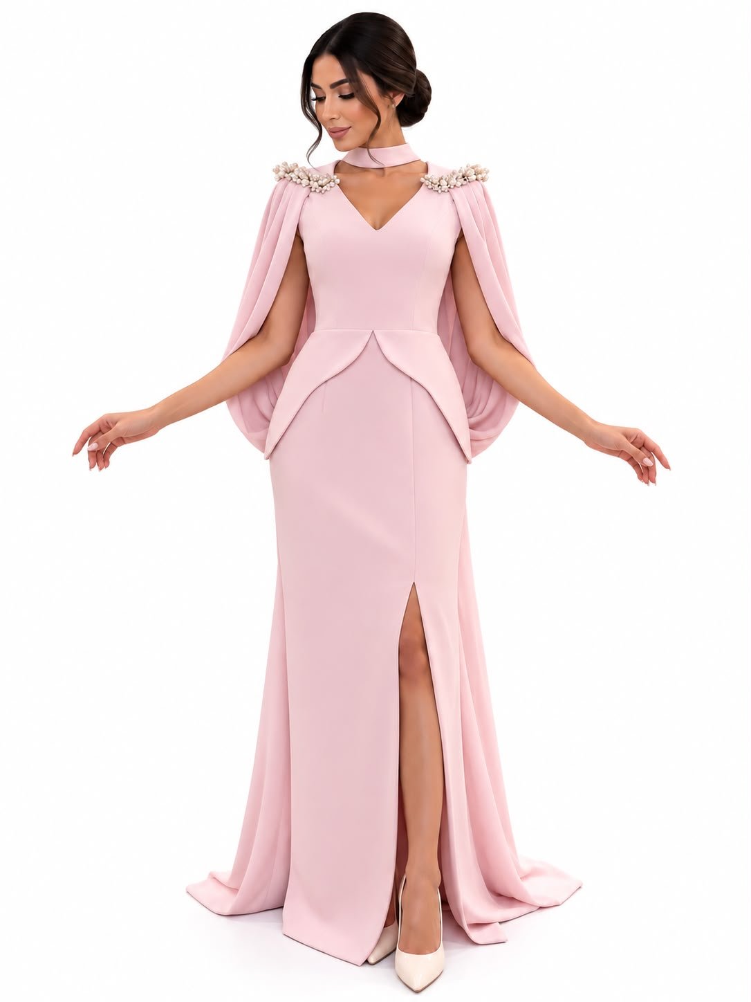 Blush Rose Pearl Cape Evening Gown - Paria Masumi