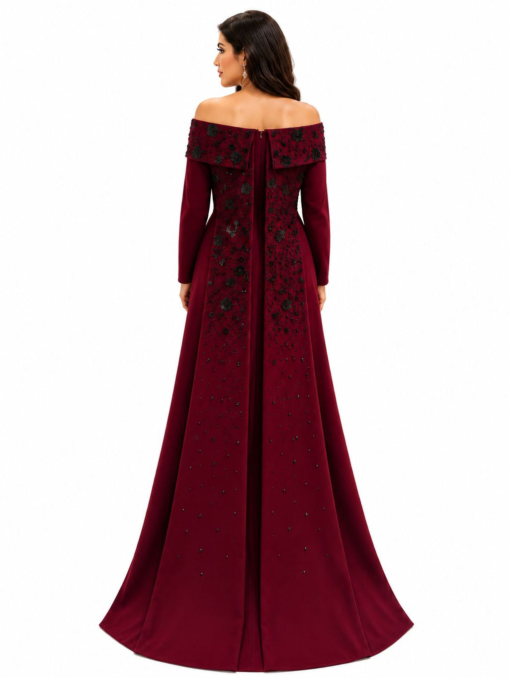 Burgundy Black Embellished Off-Shoulder Evening Gown - Paria Masumi