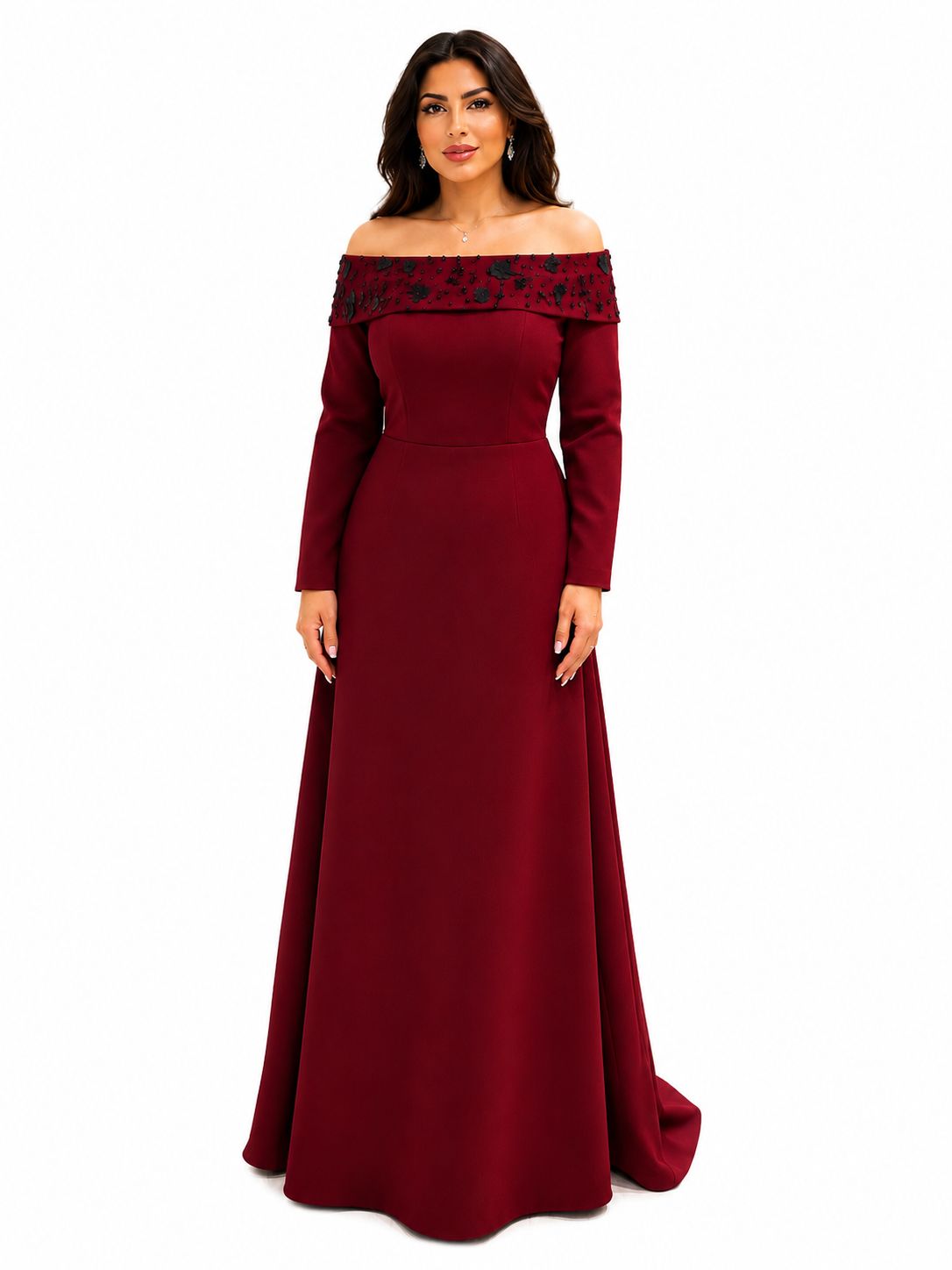 Burgundy Black Embellished Off-Shoulder Evening Gown - Paria Masumi