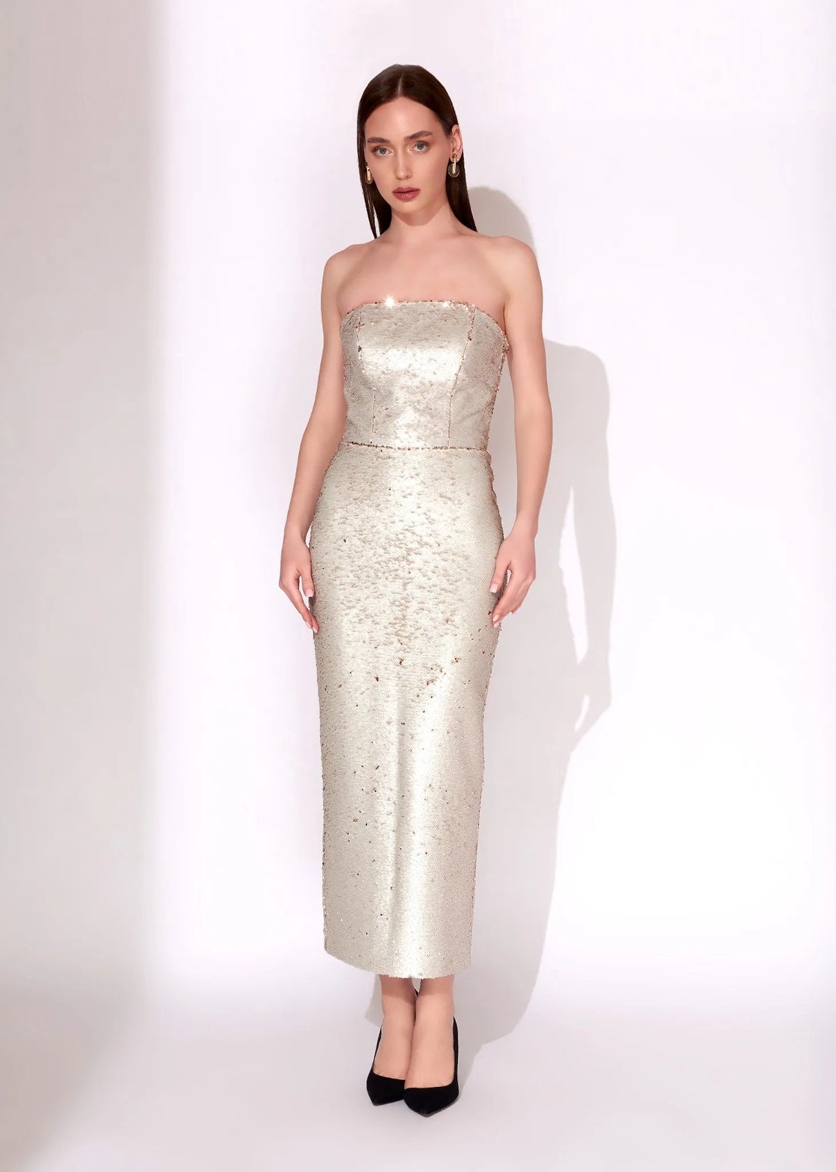 Champagne Reversible Sequin Strapless Midi Evening Dress - Paria Masumi
