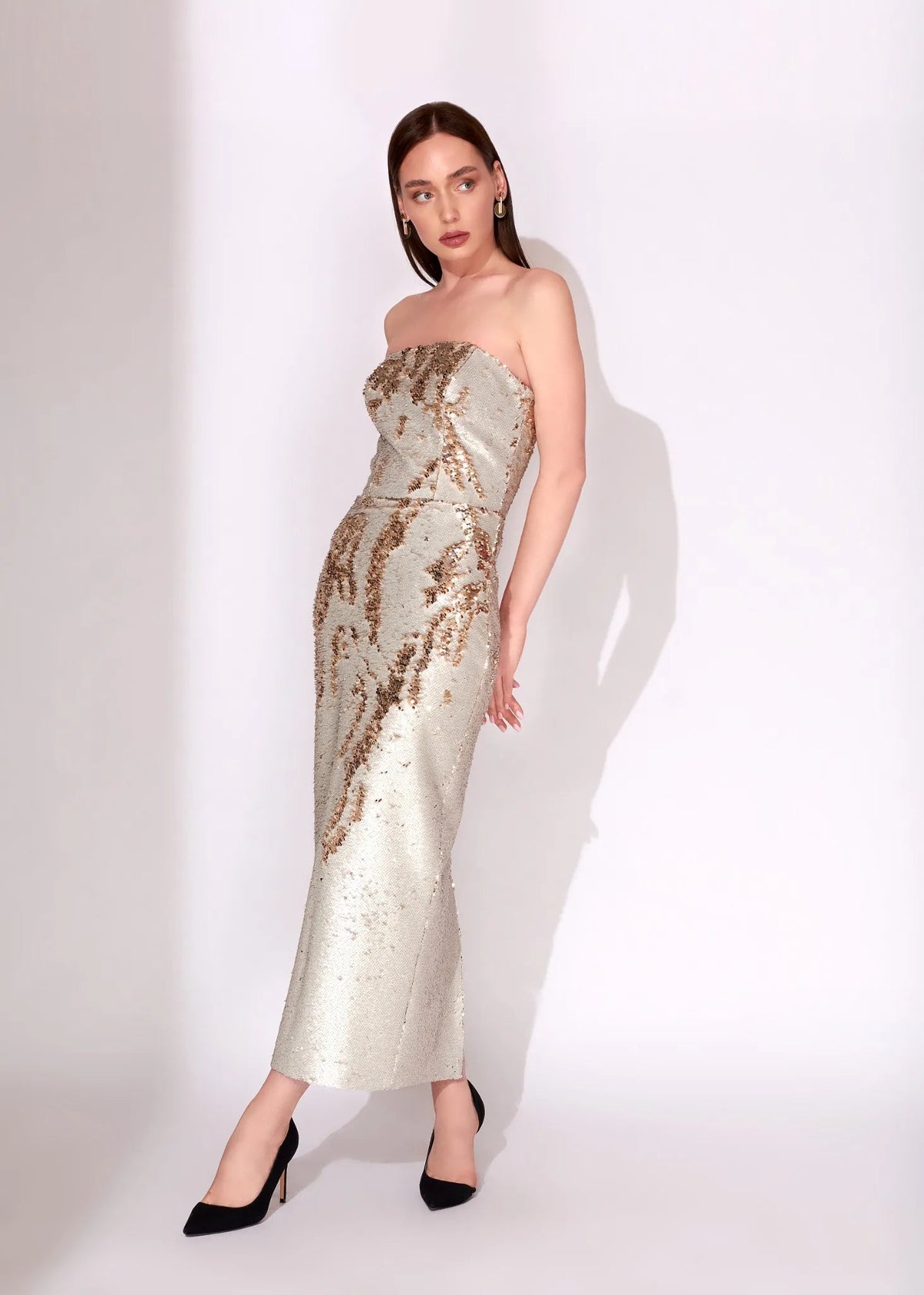 Champagne Reversible Sequin Strapless Midi Evening Dress - Paria Masumi