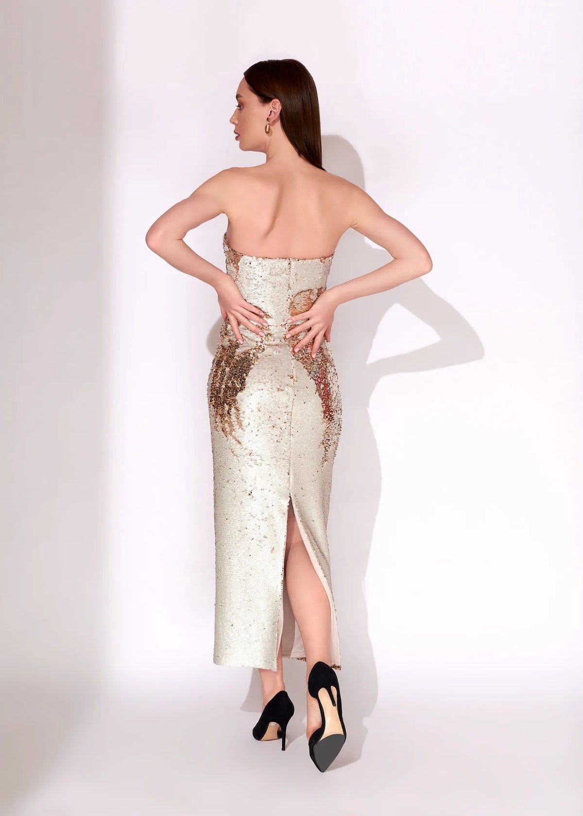 Champagne Reversible Sequin Strapless Midi Evening Dress - Paria Masumi