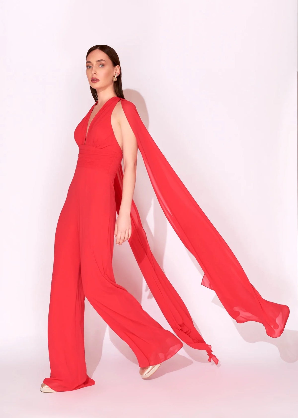 Coral Halter Neck Cape Evening Jumpsuit - Paria Masumi