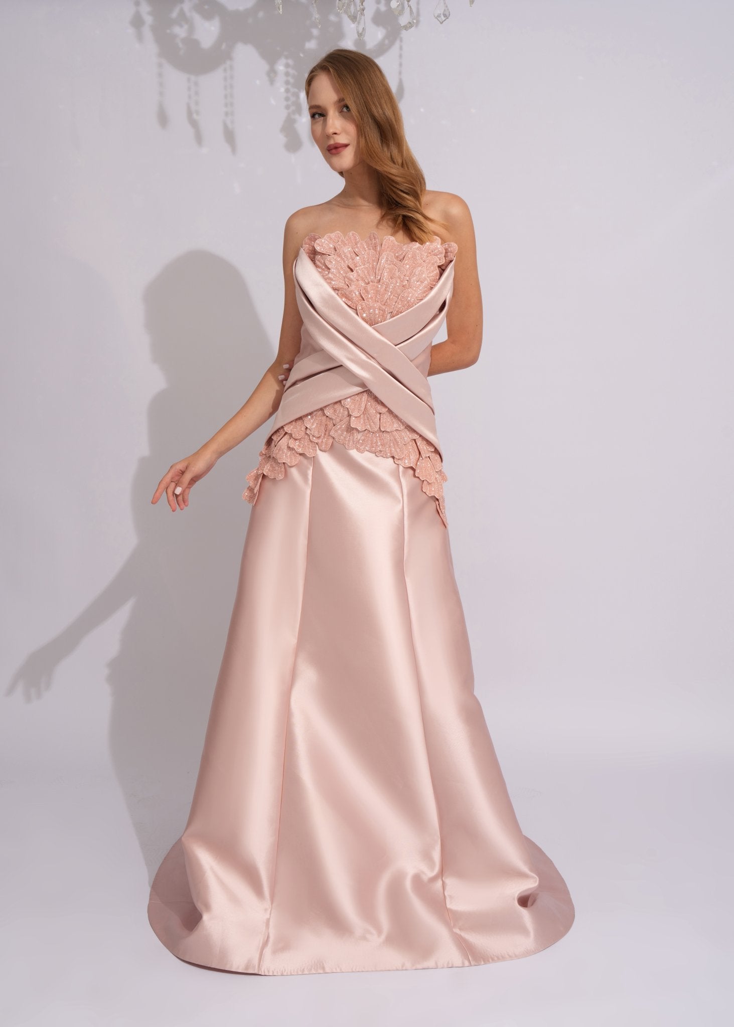 Rose Petal Cross-Draped Satin Couture Gown Color