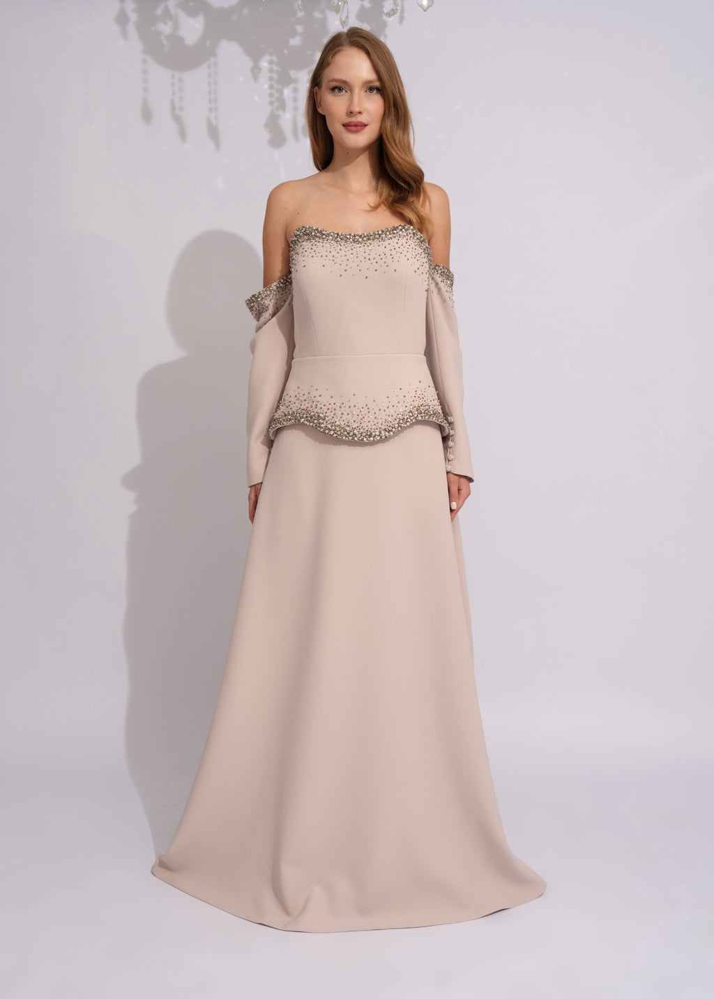 Pearl Crystal Peplum Off-Shoulder Couture Gown Color