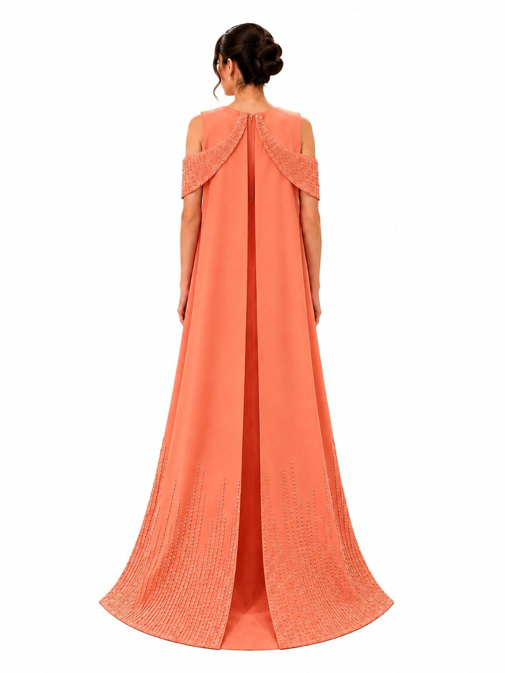 Embellished Coral Cape Evening Gown - Paria Masumi
