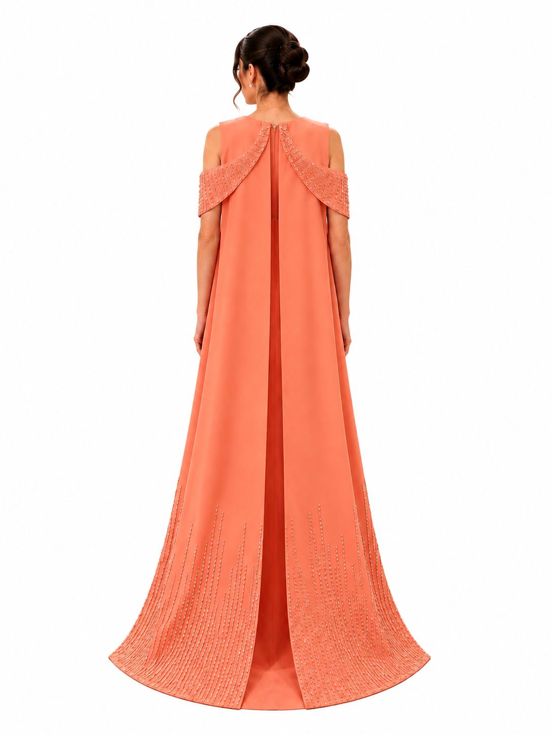 Embellished Coral Cape Evening Gown - Paria Masumi