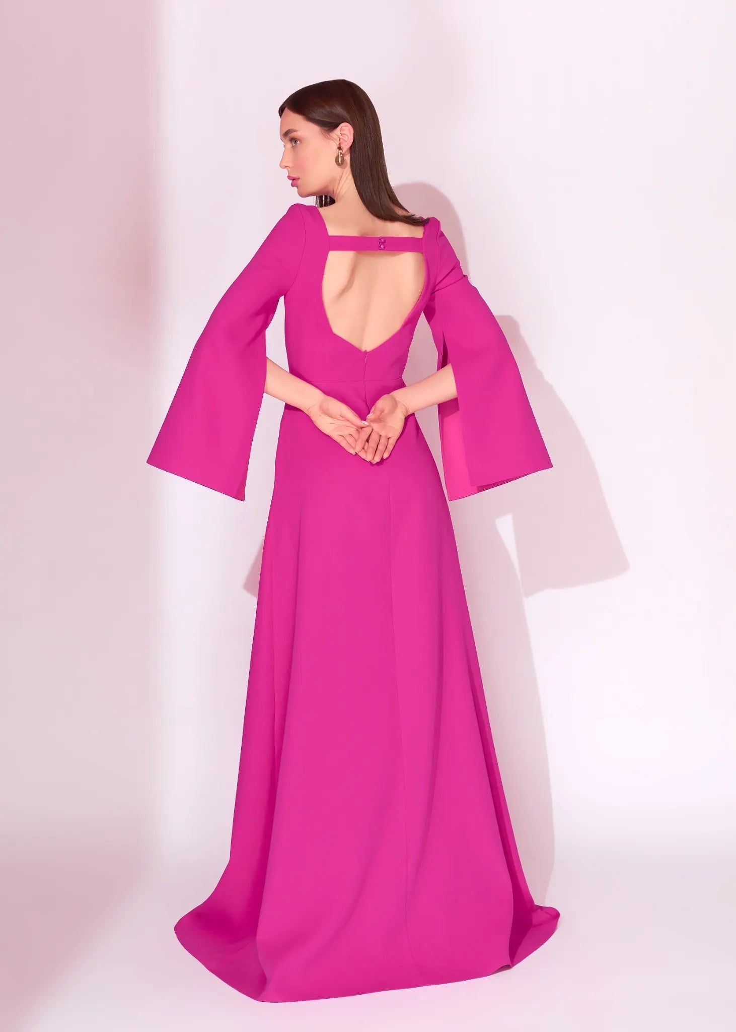 Fuchsia Bell Sleeve Evening Dress with Open Back - Paria Masoumi