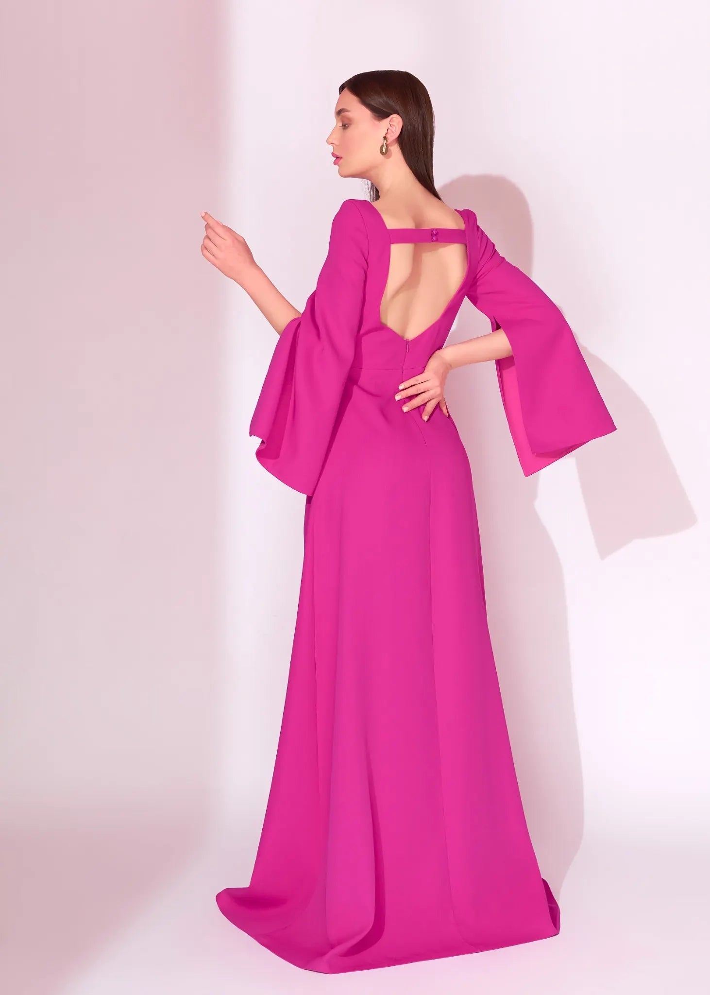 Fuchsia Bell Sleeve Evening Dress with Open Back - Paria Masoumi