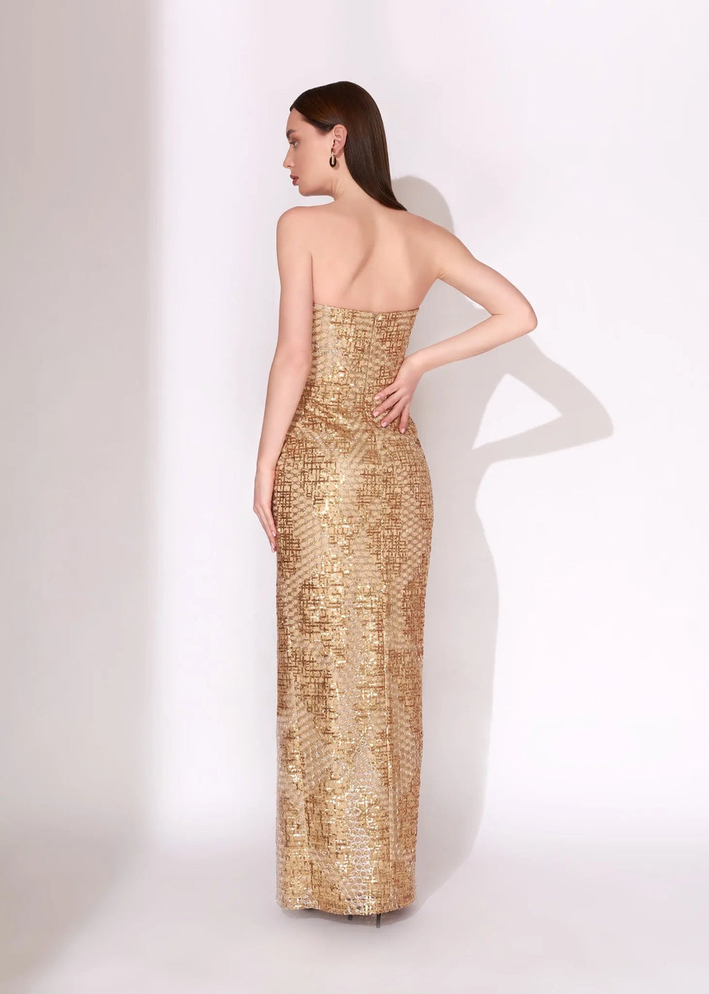 Gold Sequin Strapless Evening Gown with High Slit - Paria Masumi