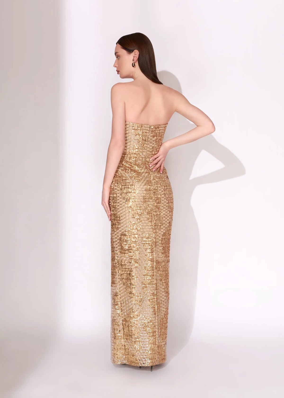 Gold Sequin Strapless Evening Gown with High Slit - Paria Masumi