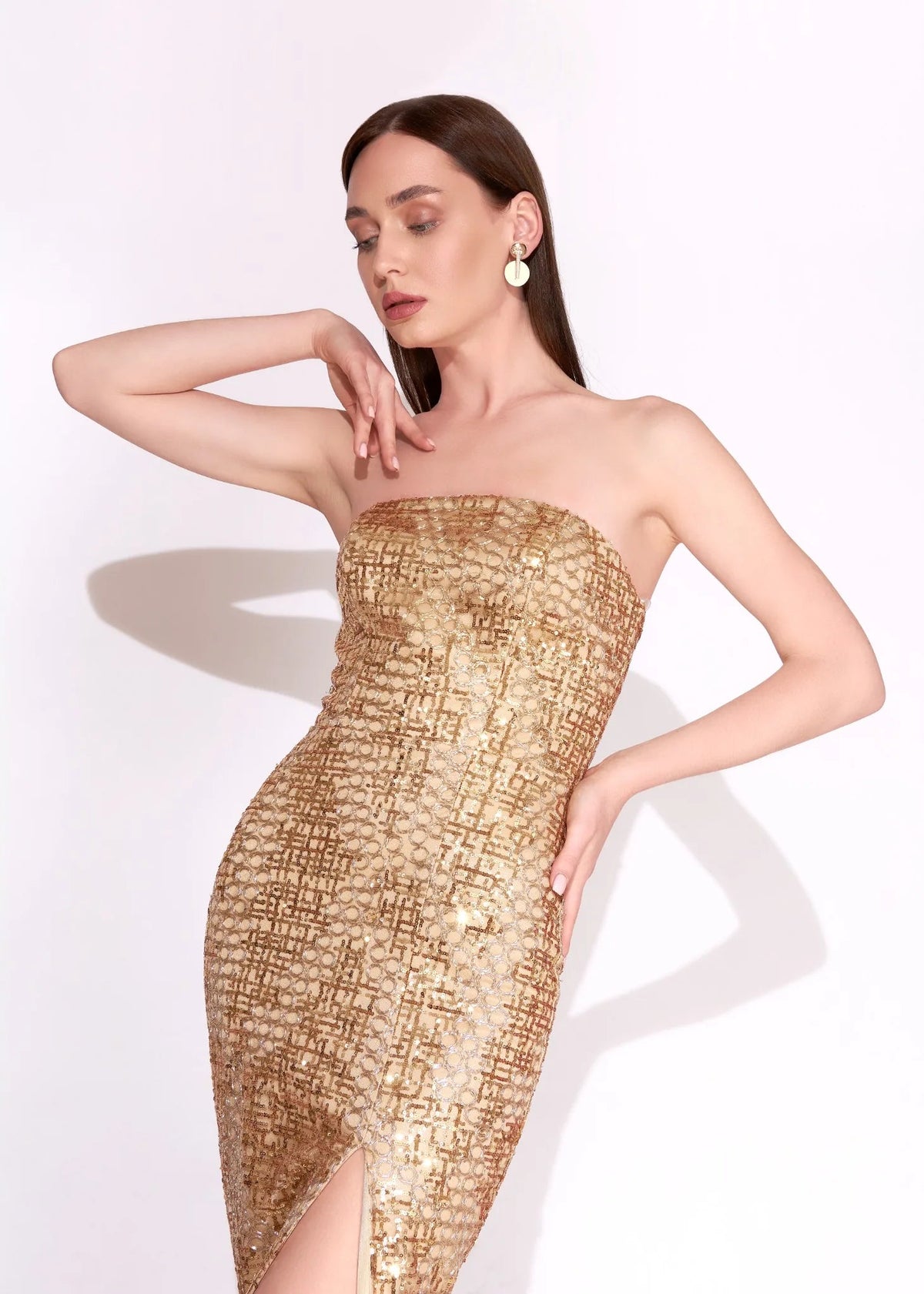 Gold Sequin Strapless Evening Gown with High Slit - Paria Masumi