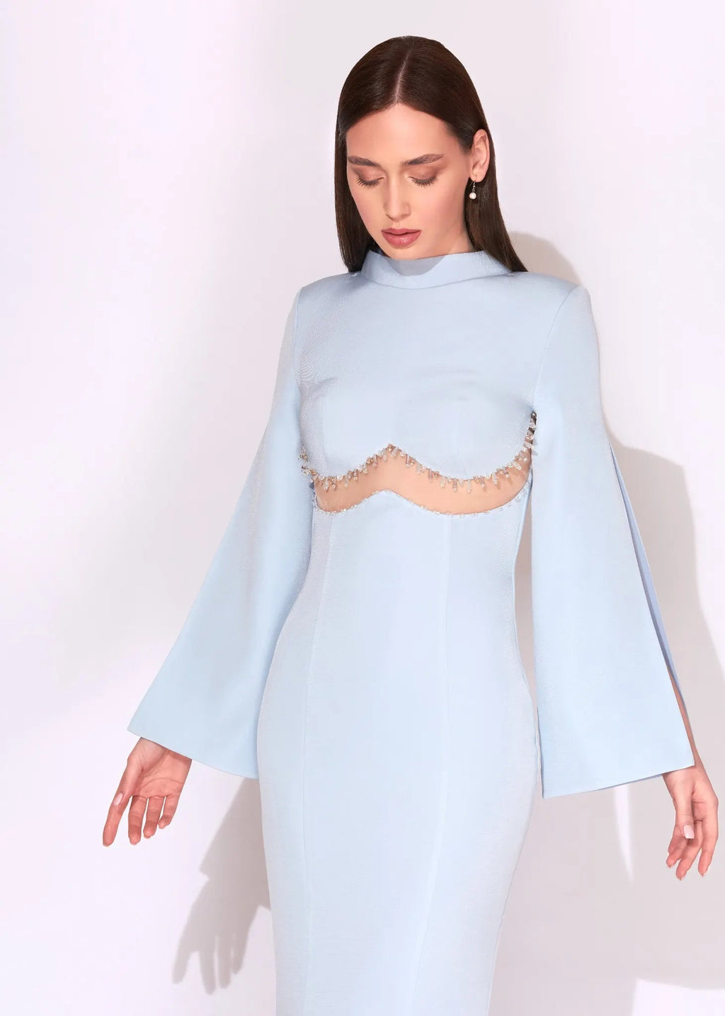 Ice Blue Beaded Cut-Out Mermaid Evening Dress - Paria Masoumi