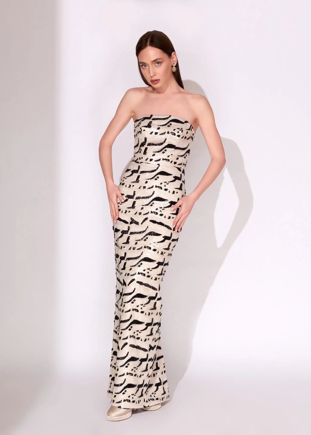 Ivory & Black Strapless Sequin Evening Gown - Paria Masumi