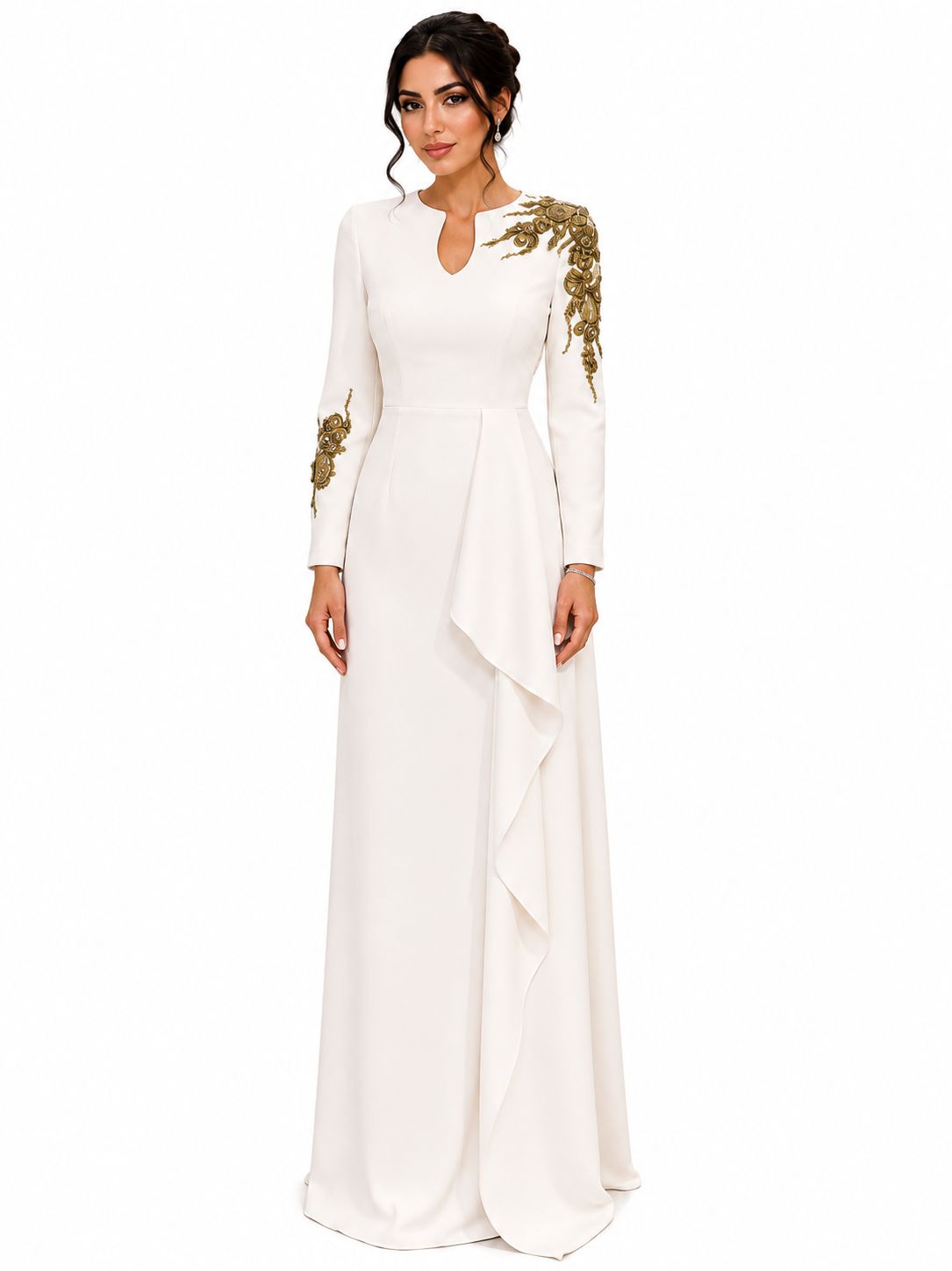 Ivory Gold Embellished Draped Evening Gown - Paria Masumi