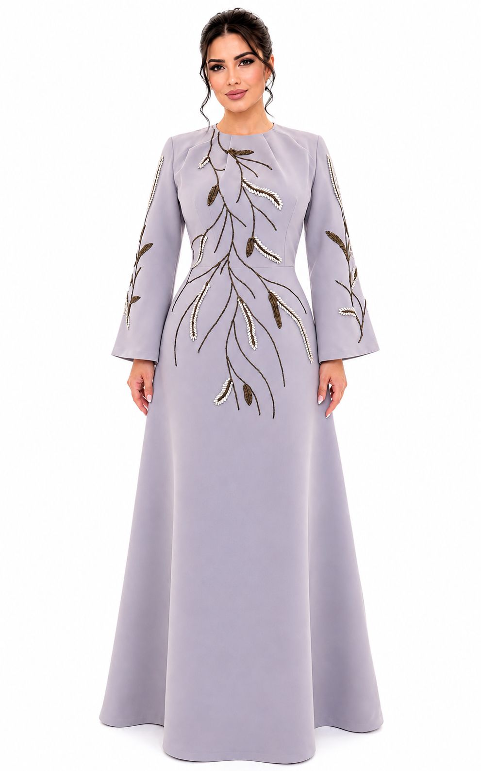 Lavender Floral Embroidered Long Sleeve Evening Gown - Paria Masumi