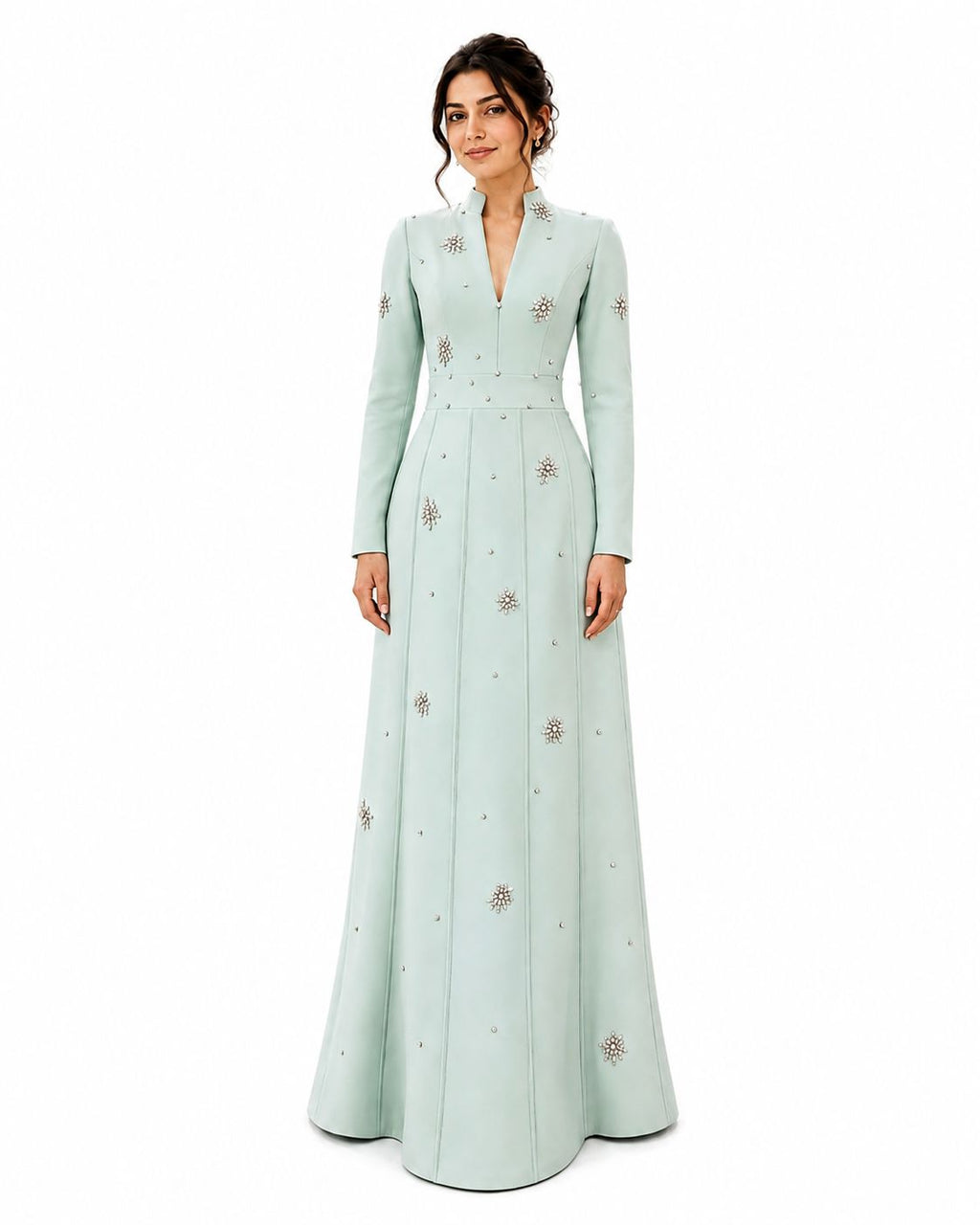 Mint Embellished Long Sleeve Evening Gown - Paria Masumi