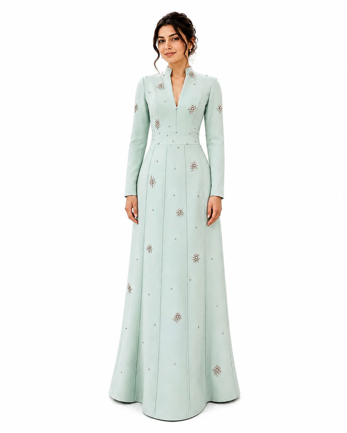 Mint Embellished Long Sleeve Evening Gown - Paria Masumi