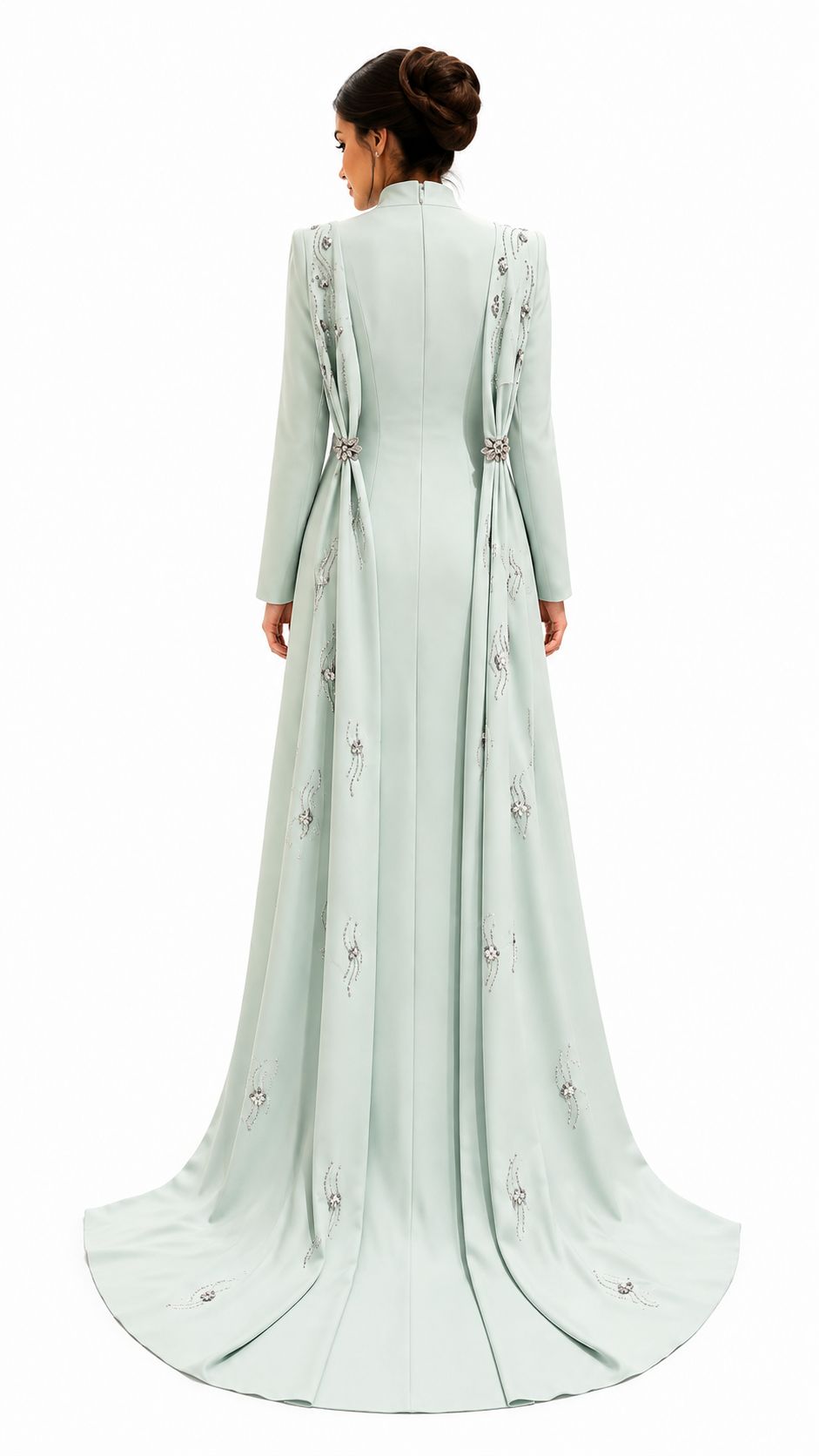 Mint Green Embellished Long Sleeve Cape Evening Gown - Paria Masumi