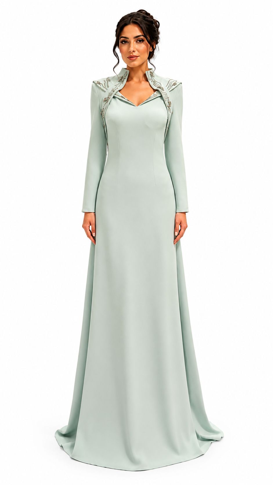 Mint Green Embellished Long Sleeve Cape Evening Gown - Paria Masumi