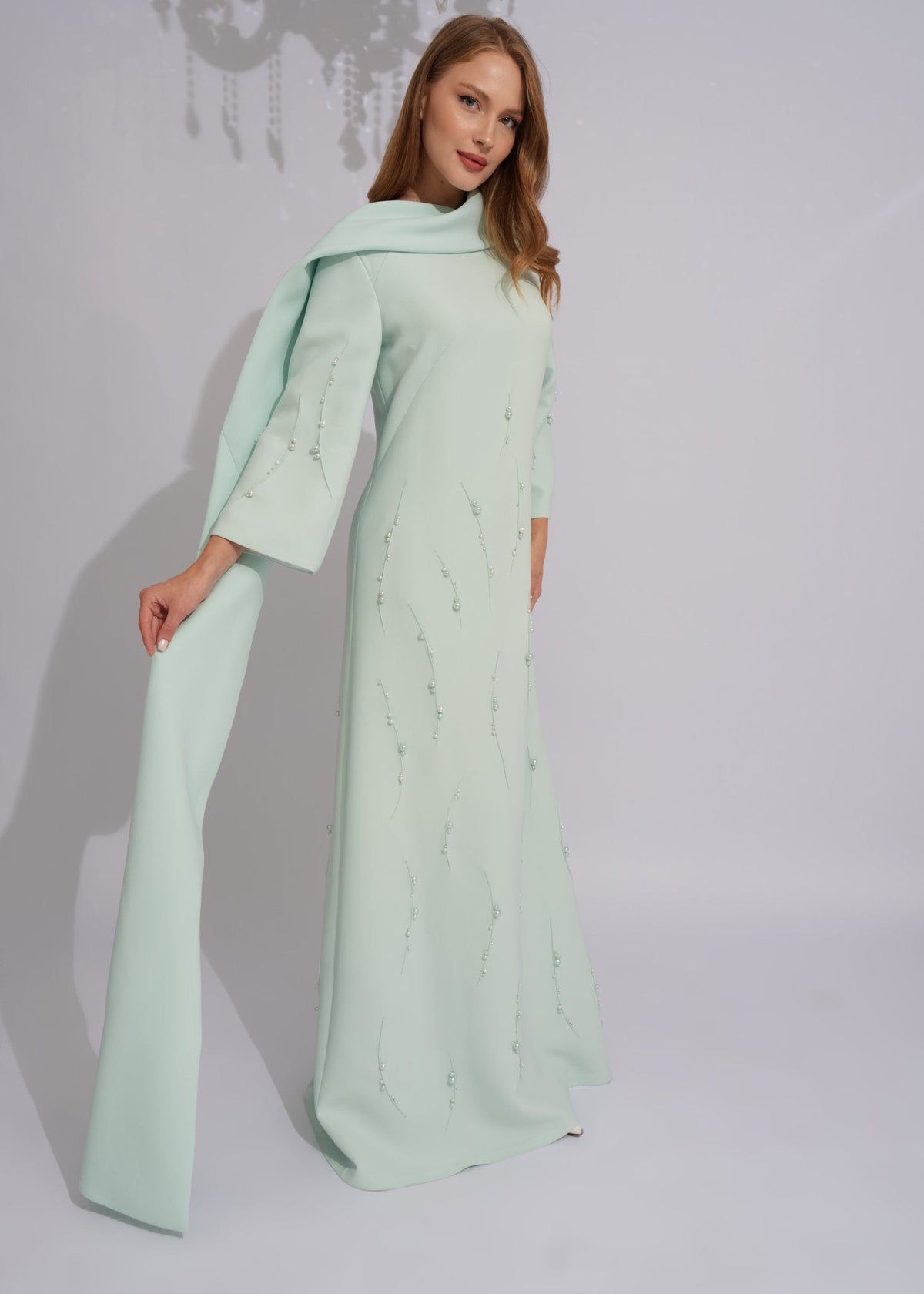 Mint Pearl Cascade Evening Gown - Paria Masumi