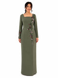 Olive Green Floral Embroidered Evening Gown - Paria Masumi
