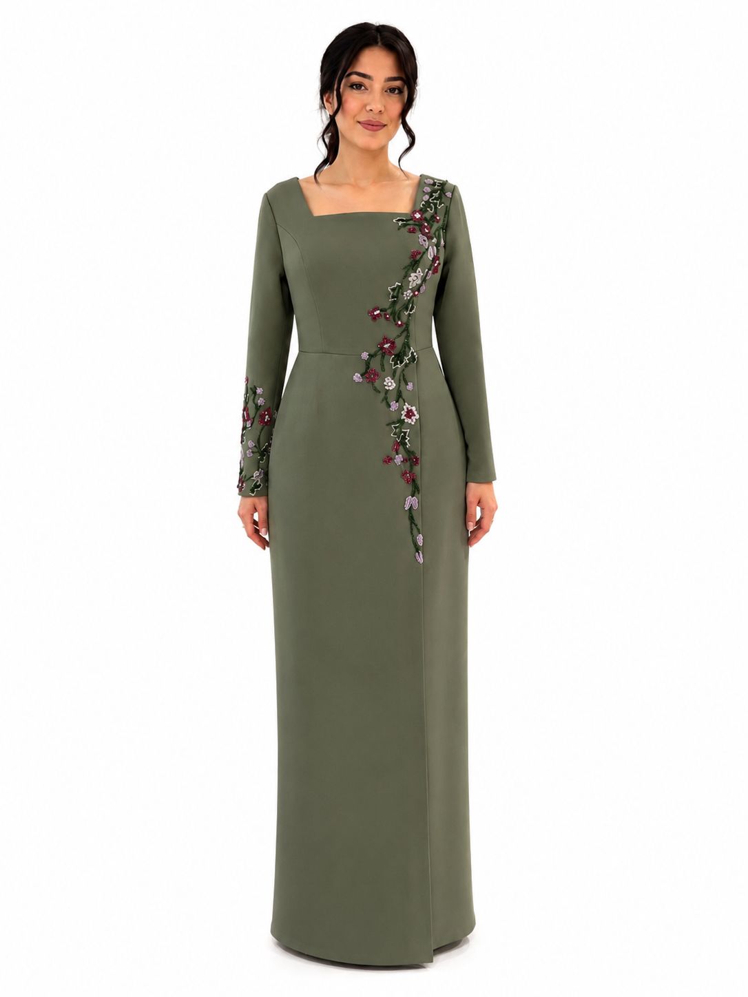 Olive Green Floral Embroidered Evening Gown - Paria Masumi