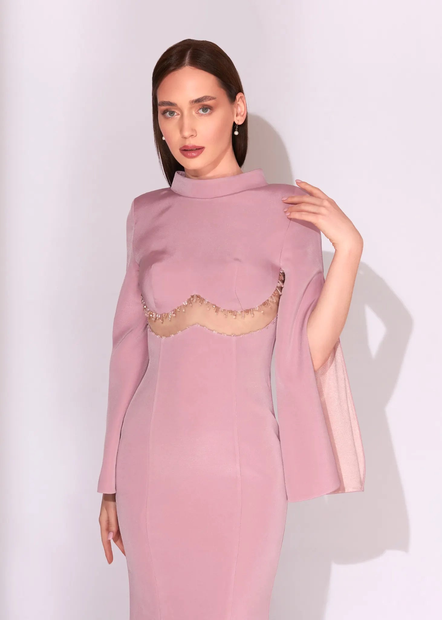 Blush Pink Cape Sleeve Evening Dress with Sheer Crystal Detail