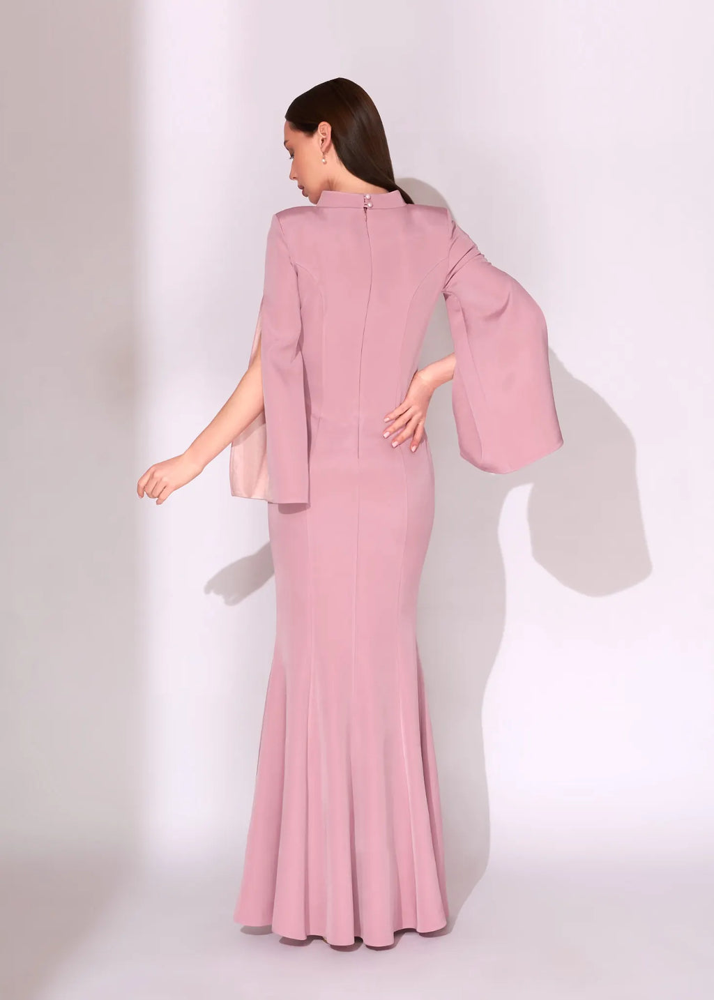 Blush Pink Cape Sleeve Evening Dress with Sheer Crystal Detail