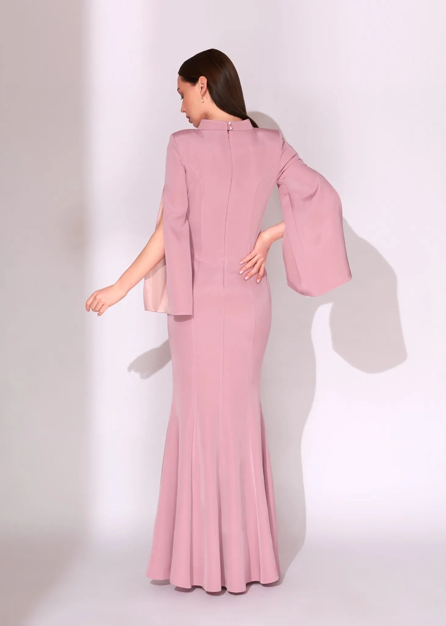 Blush Pink Cape Sleeve Evening Dress with Sheer Crystal Detail