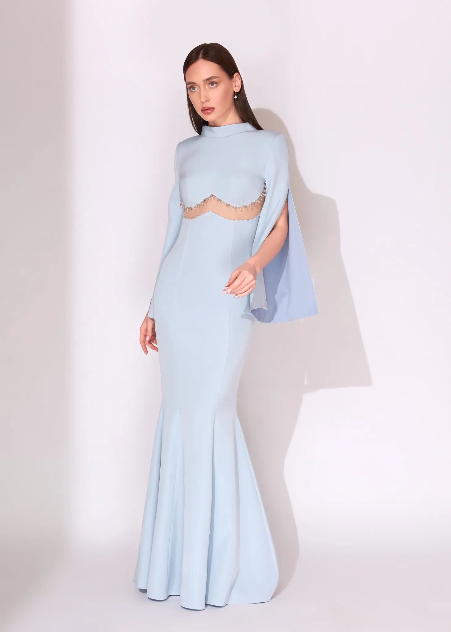 Blush Pink Cape Sleeve Evening Dress with Sheer Crystal Detail