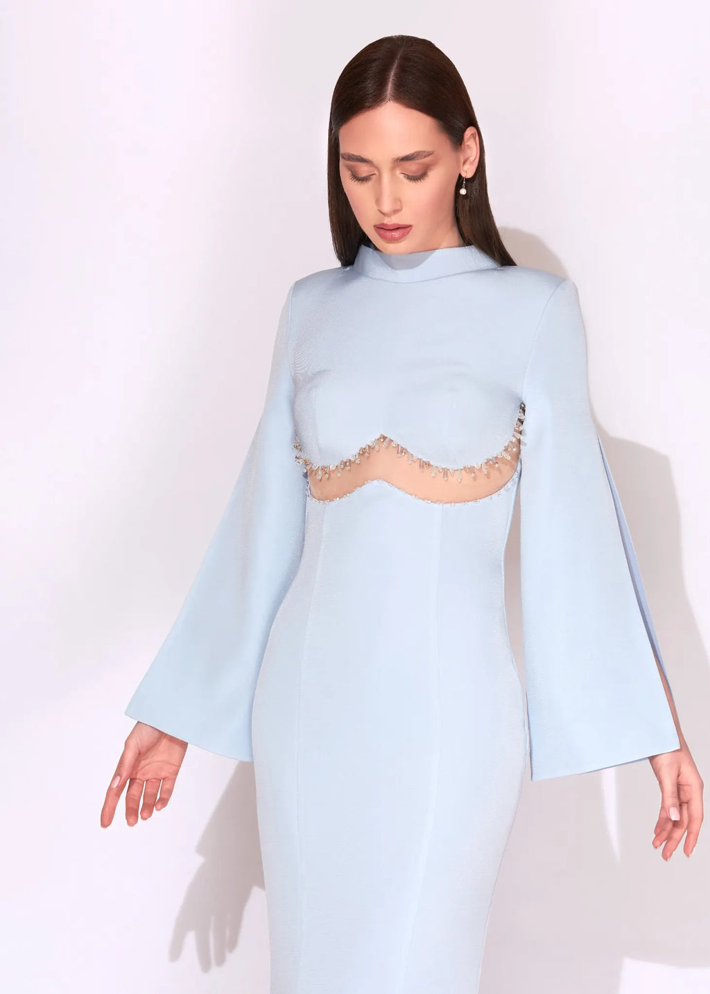 Blush Pink Cape Sleeve Evening Dress with Sheer Crystal Detail