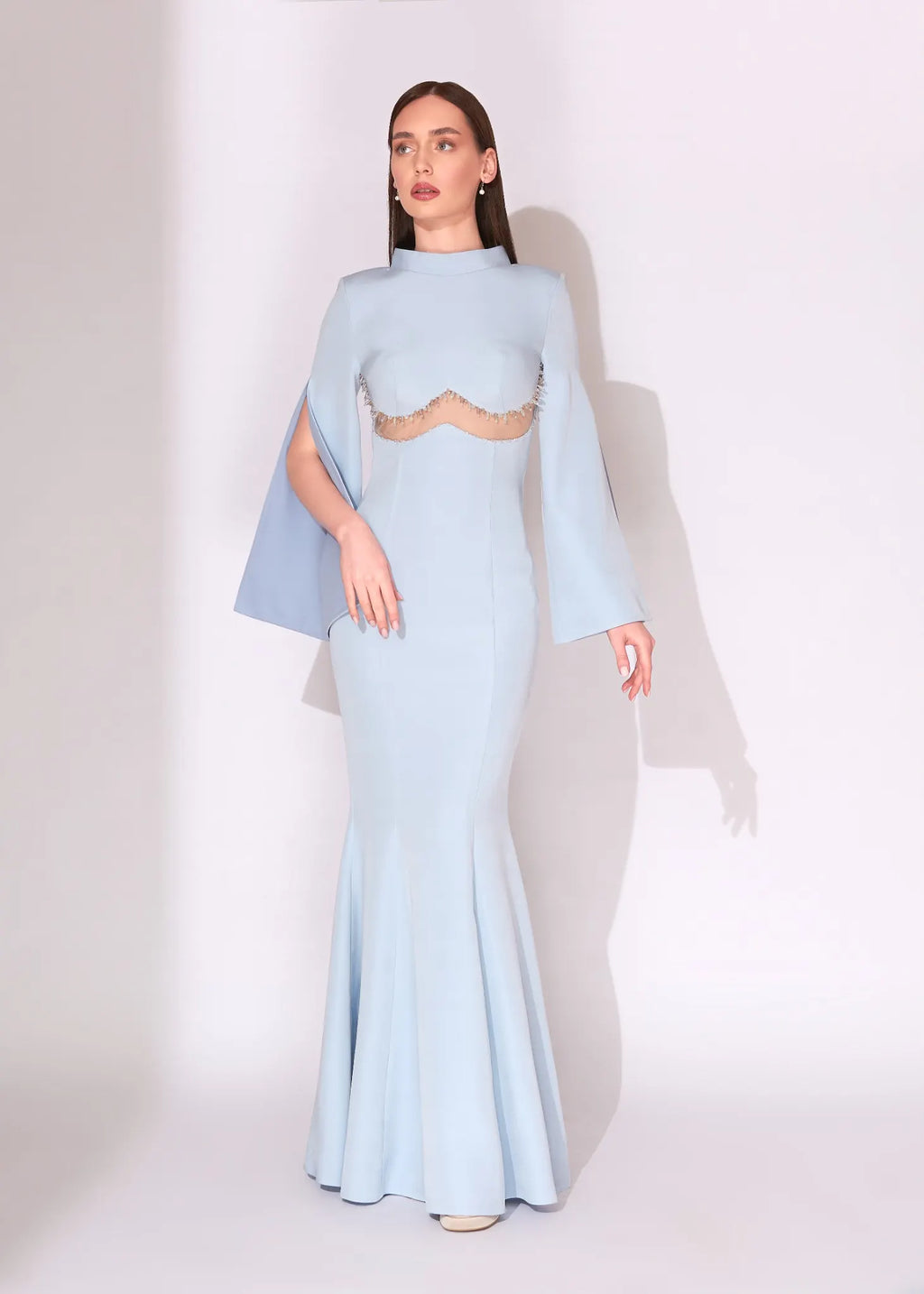 Blush Pink Cape Sleeve Evening Dress with Sheer Crystal Detail