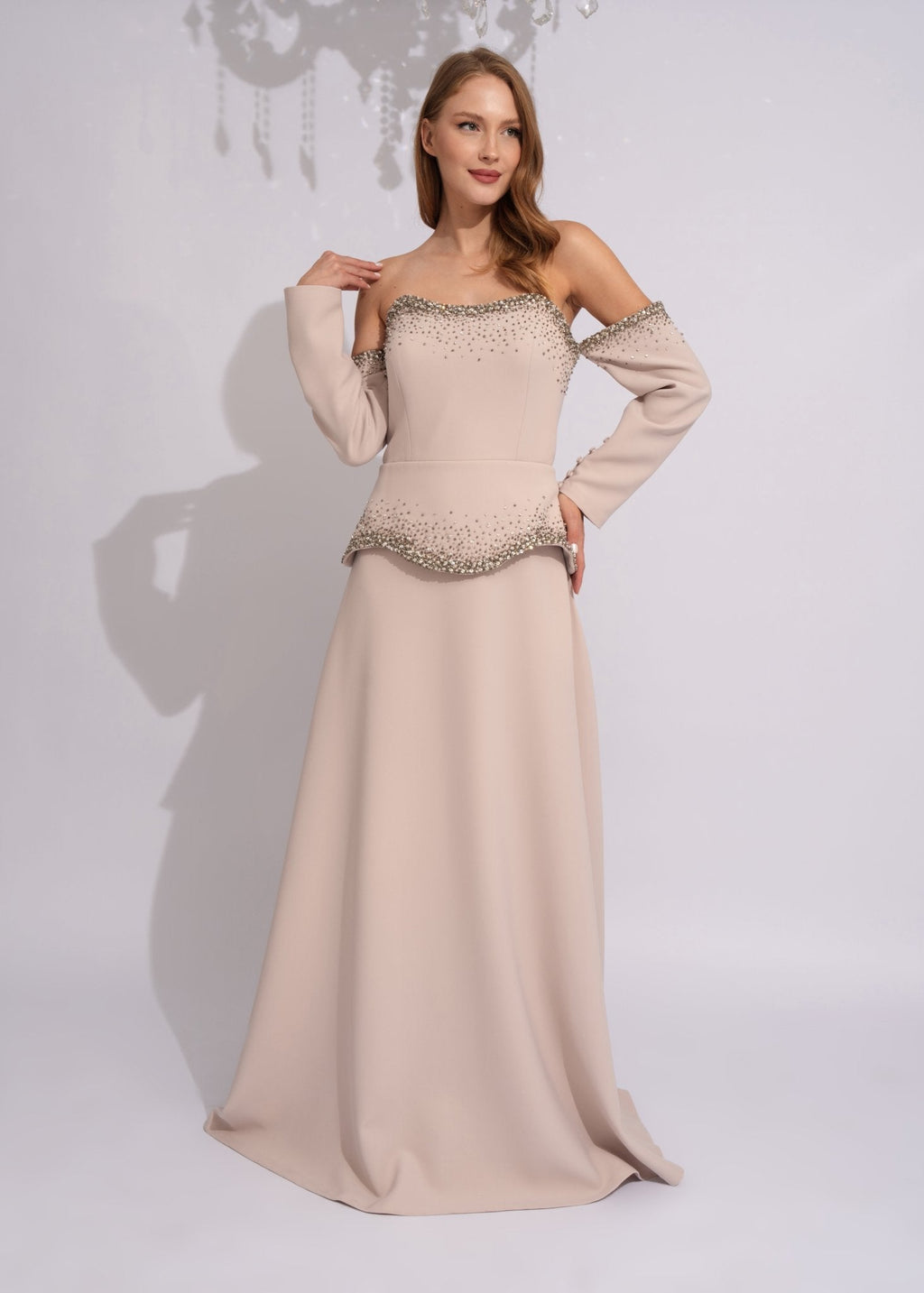 Pearl Crystal Peplum Off-Shoulder Couture Gown Color - Paria Masumi