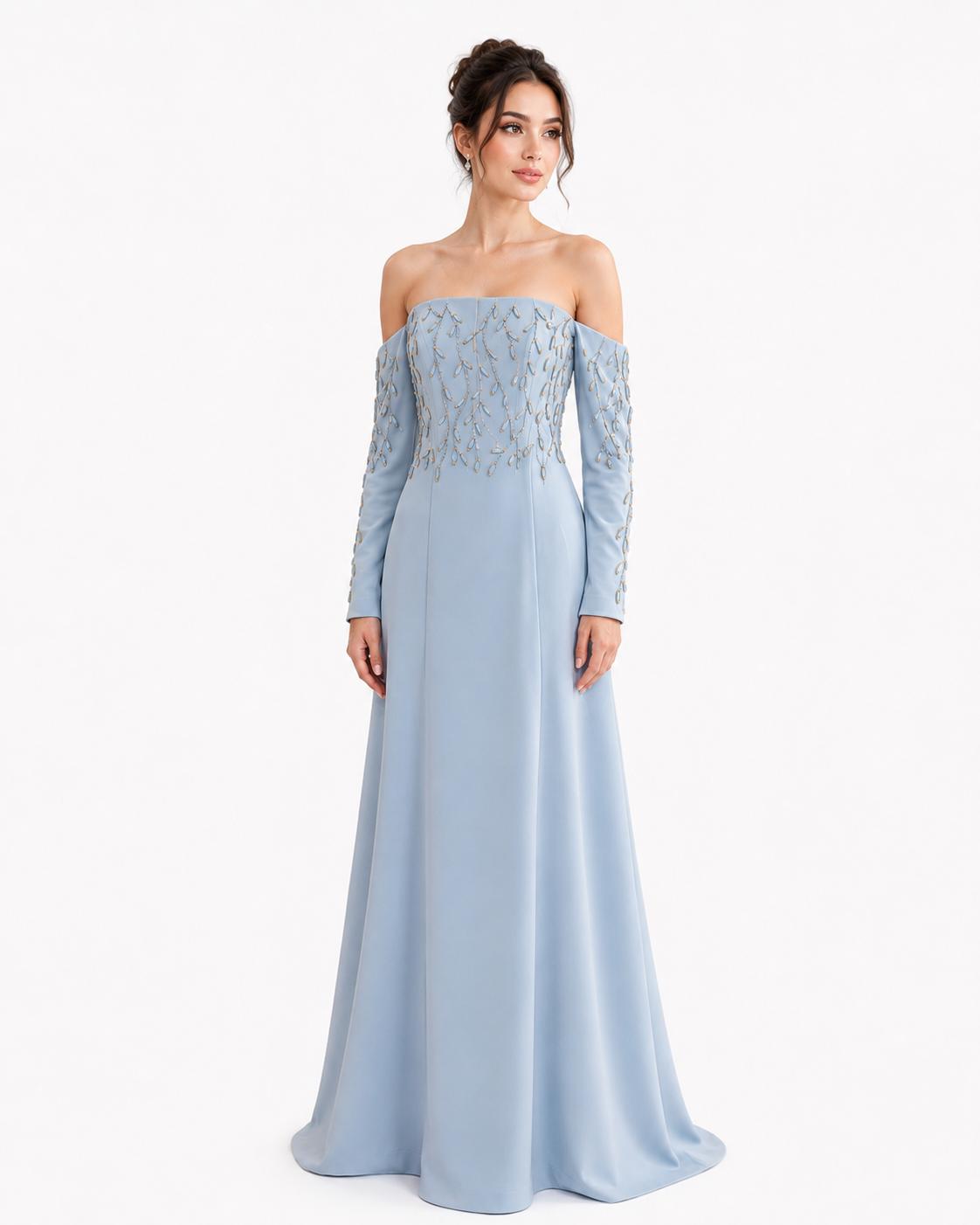 Powder Blue Embellished Off-Shoulder Evening Gown - Paria Masumi