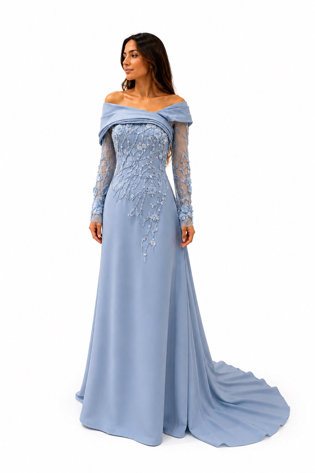 Powder Blue Floral Embellished Off-Shoulder Evening Gown - Paria Masumi