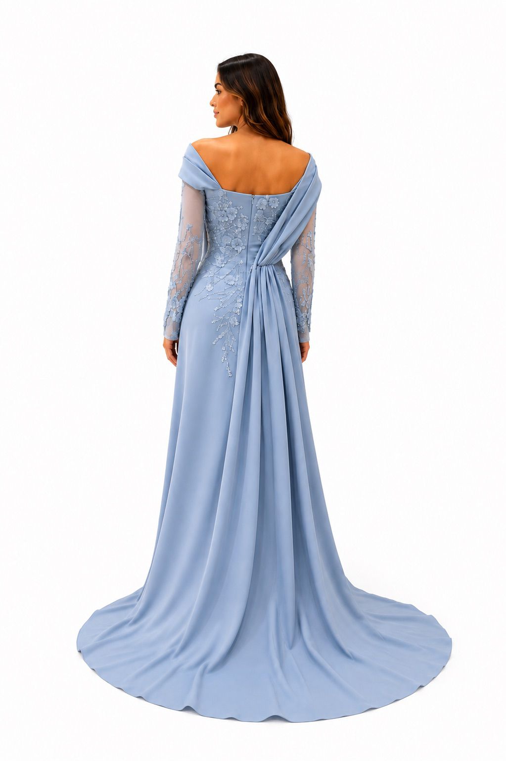 Powder Blue Floral Embellished Off-Shoulder Evening Gown - Paria Masumi