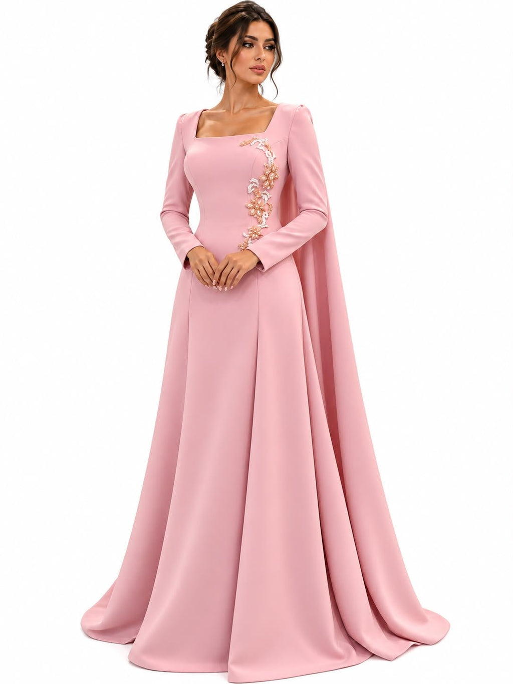Rosé Bloom Embellished Cape Evening Gown - Paria Masumi