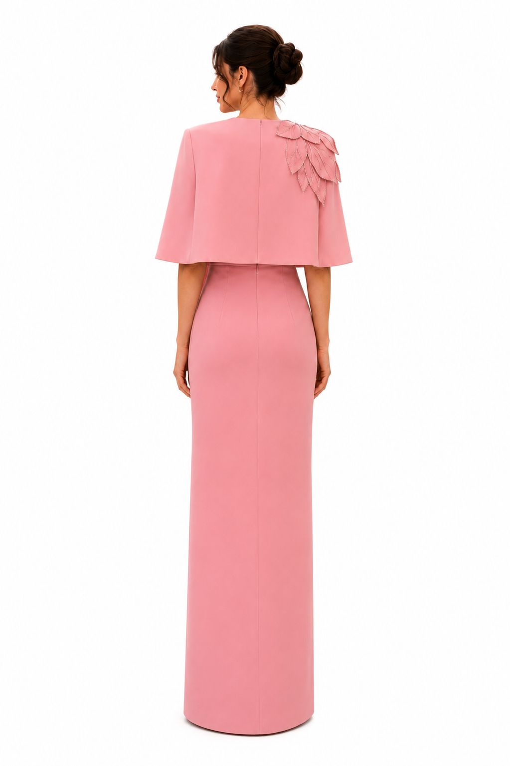 Rose Pink Floral Appliqué Cape Evening Gown - Paria Masumi