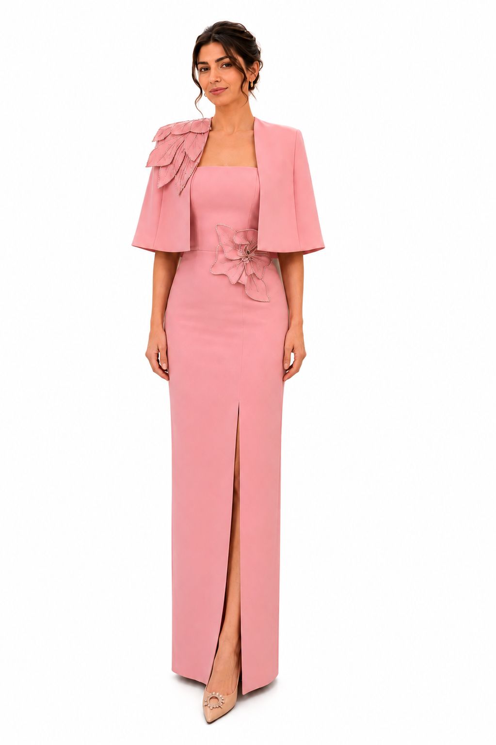 Rose Pink Floral Appliqué Cape Evening Gown - Paria Masumi