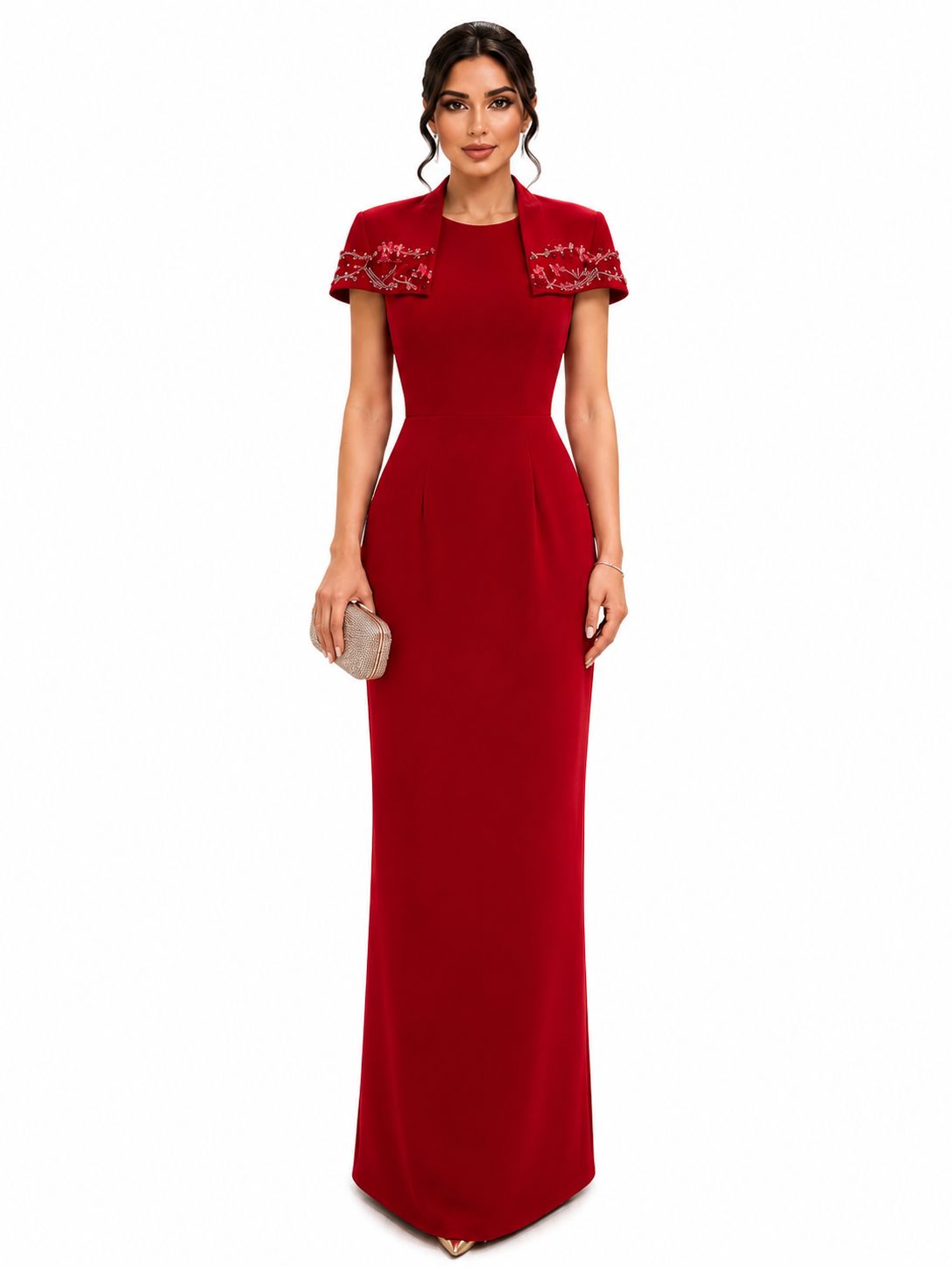 Ruby Red Embellished Cape Evening Gown - Paria Masumi