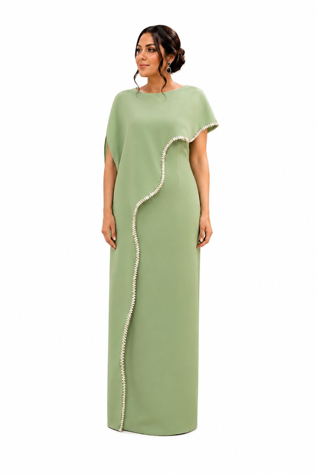 Sage Green Pearl-Trim Cape Evening Gown - Paria Masumi