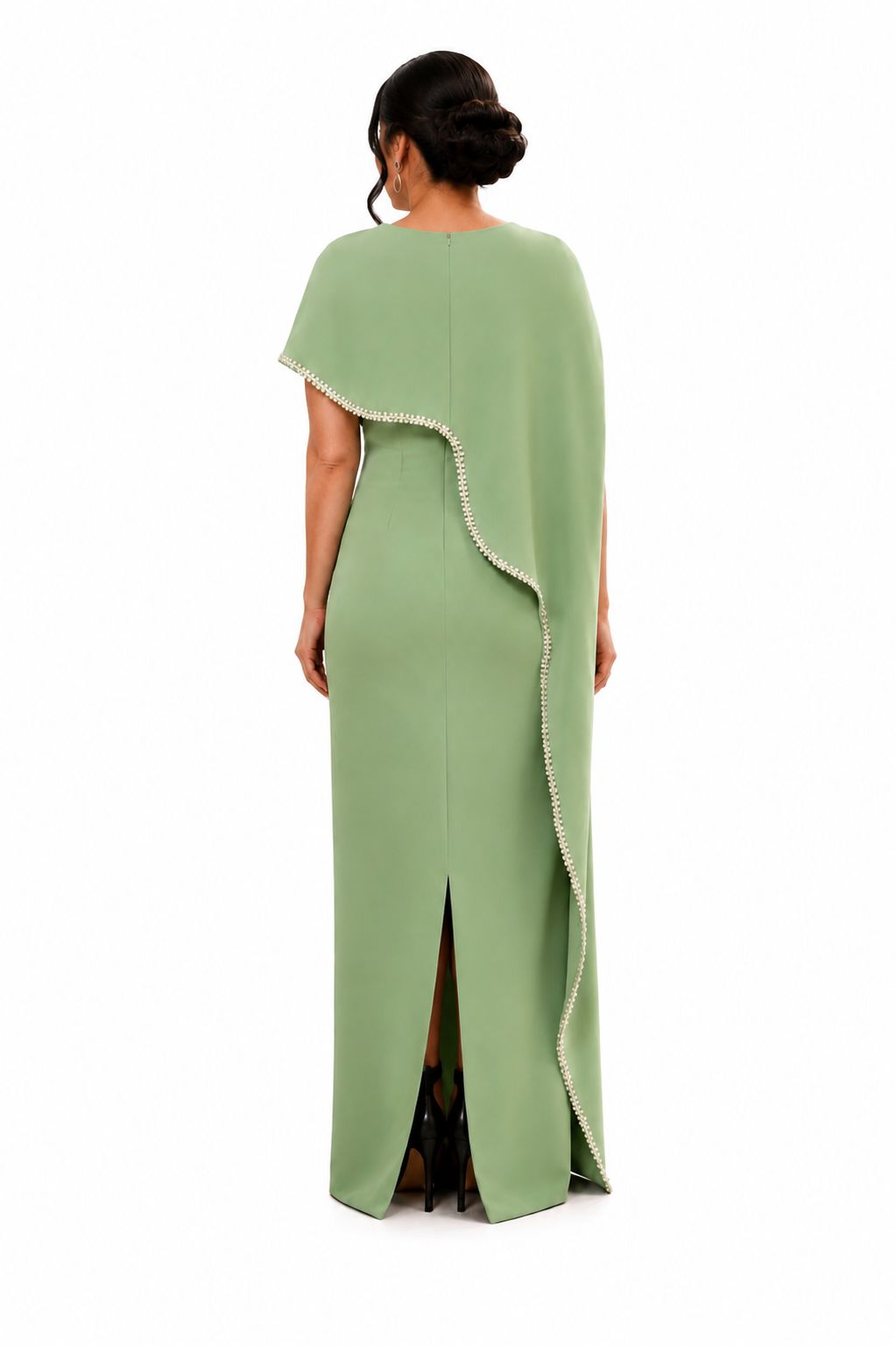 Sage Green Pearl-Trim Cape Evening Gown - Paria Masumi
