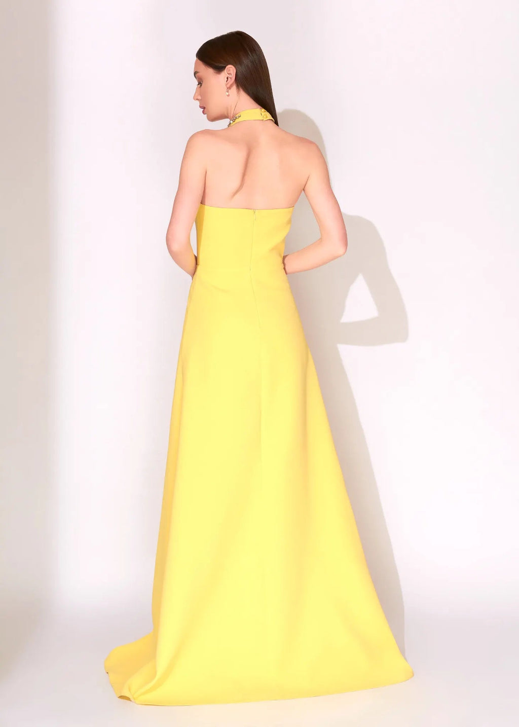 Yellow Crystal Halter Evening Dress with High Slit - Paria Masoumi