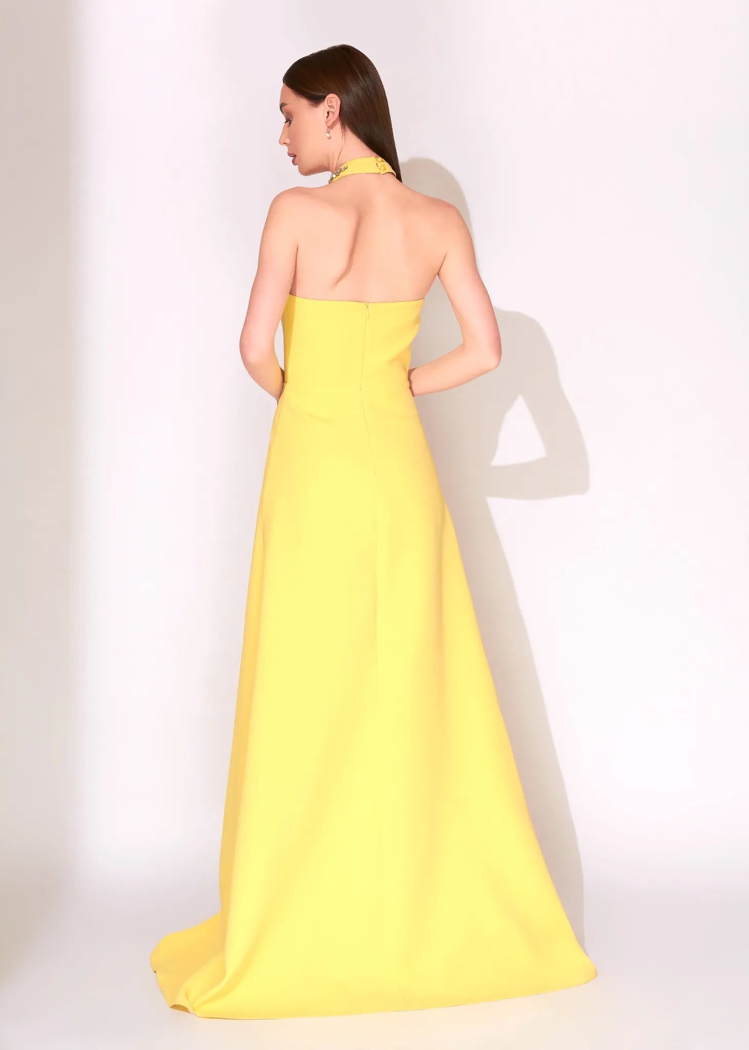 Yellow Crystal Halter Evening Dress with High Slit - Paria Masoumi